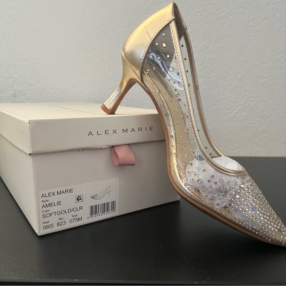 Alex Marie Gold Stiletto Heels with Crystal Embellishments